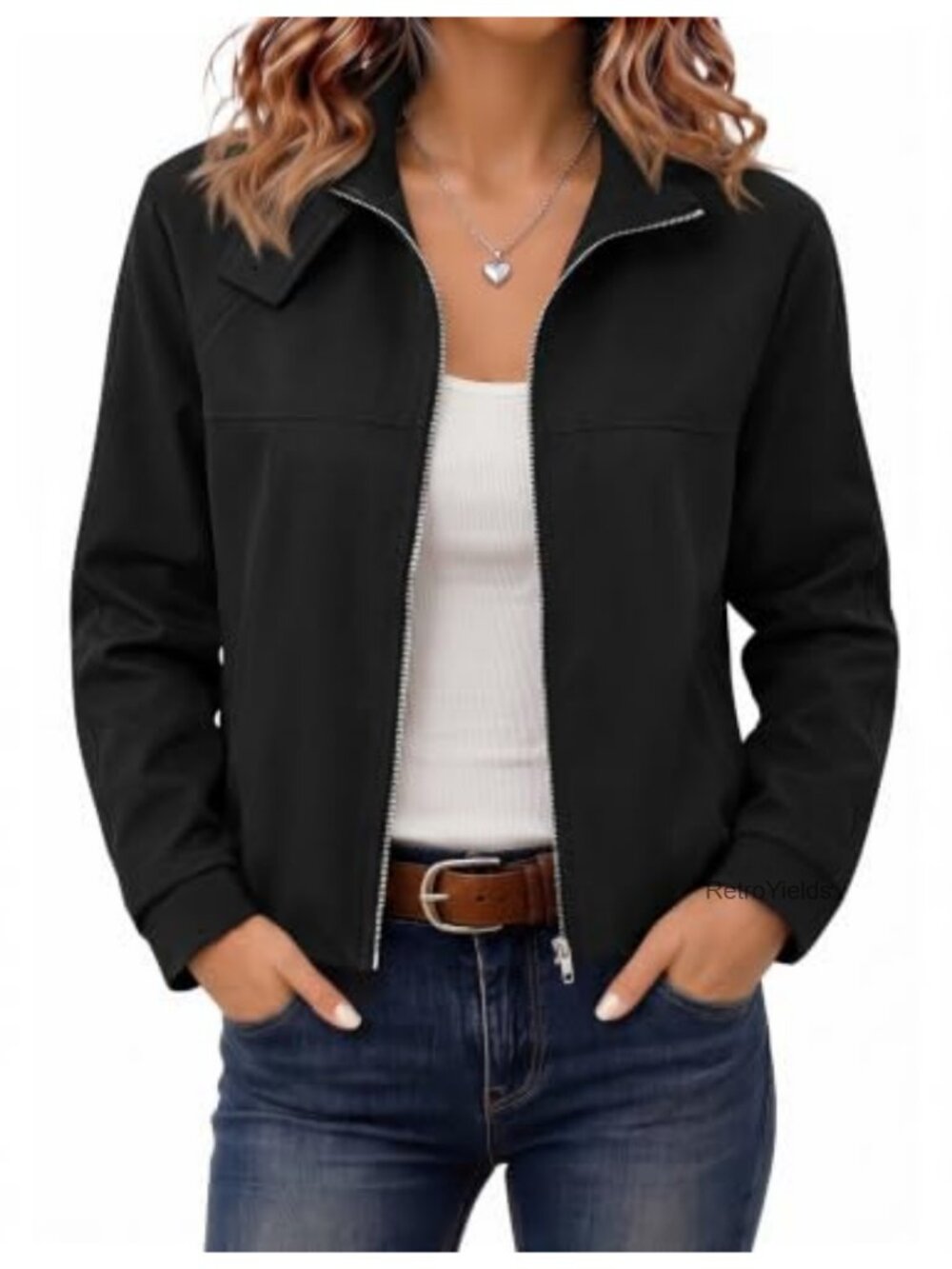 Women's Cropped Bomber Jacket Zip Up Funnel Neck Pockets